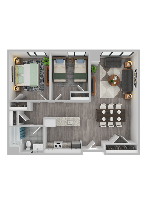 Floor plan for 2 beds, 1 bath, 902 sqft